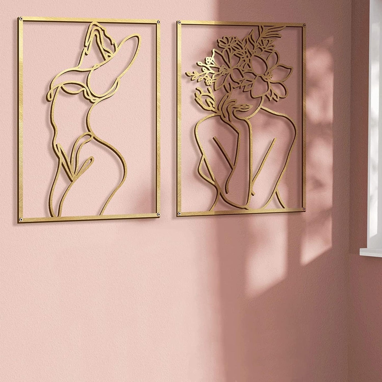 Glamativity 4 Pack Gold Wall Art Decor, Minimalist Single Line Real Metal Wall Art, Woman's Body Shape Abstract Wall Art (Gold Classic Style, 17 x 11.8'')
