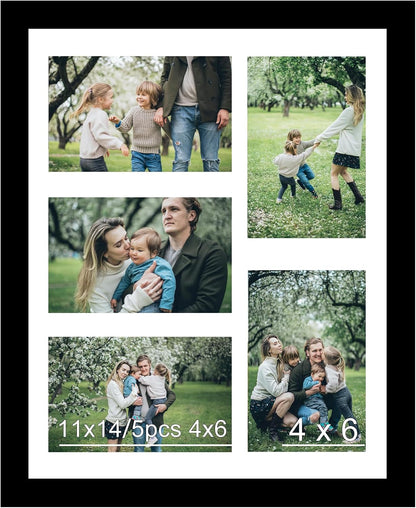 JCJMY 11x14 Picture Frame, 4x6 Collage Picture Frame, Display 5 Pcs 4x6 Photos or 11x14 Picture, Five Opening 4x6 Collage Frame for Wall Hanging, Lightweight 4 x 6 Multi Pictures Frame, Black