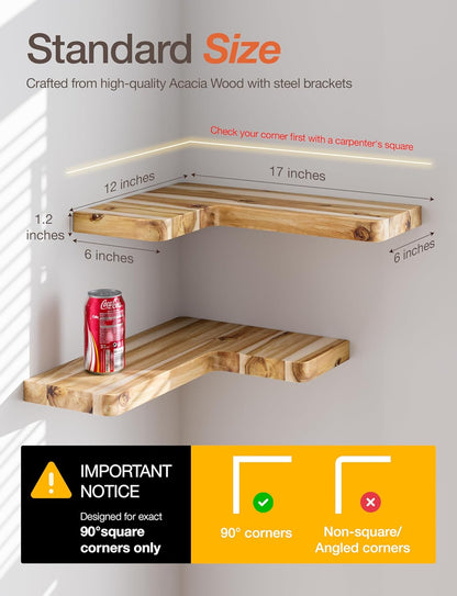 BATODA Acacia Wood Corner Floating Shelves 17" x 12"– Corner Shelf Wall Mounted - Floating Book Shelves for Wall - Brackets and Shelving Hardware Included for Kitchen, Living Room, Bathroom (Set 2)