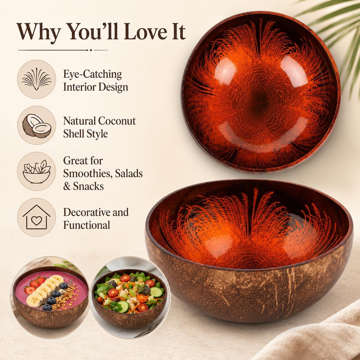 ChezMax Natural Coconut Bowl with Mother of Pearl Inlays - Key Bowl & Fruit Snack Holder (Blue-Gold)