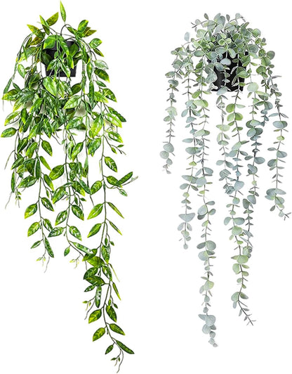 Clearain 1pcs Fake Hanging Plants, Artificial Small Potted Plants, Mini Faux Succulent Plant for Indoor Outdoor Aesthetic Office Living Room Shelf Home Decor (Eucalyptus leaves-1pcs)