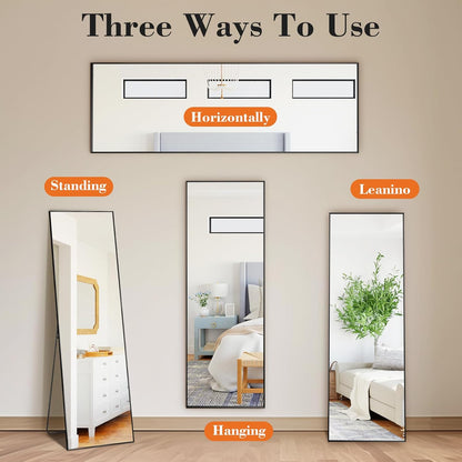 DUMOS Full Length Mirror 64"x21" Full Body Floor Mirror for Bedroom or Cloakroom, Can Stand Alone, Hang or Lean Against Wall, Tall Wall Mirror with Stand, Black