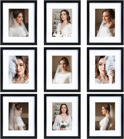 12x12 Picture Frame Set of 9, Display Pictures 8x8 with Mat or 12x12 without Mat, Multi Collage Gallery Square Photo Frames for Wall or Tabletop, Black