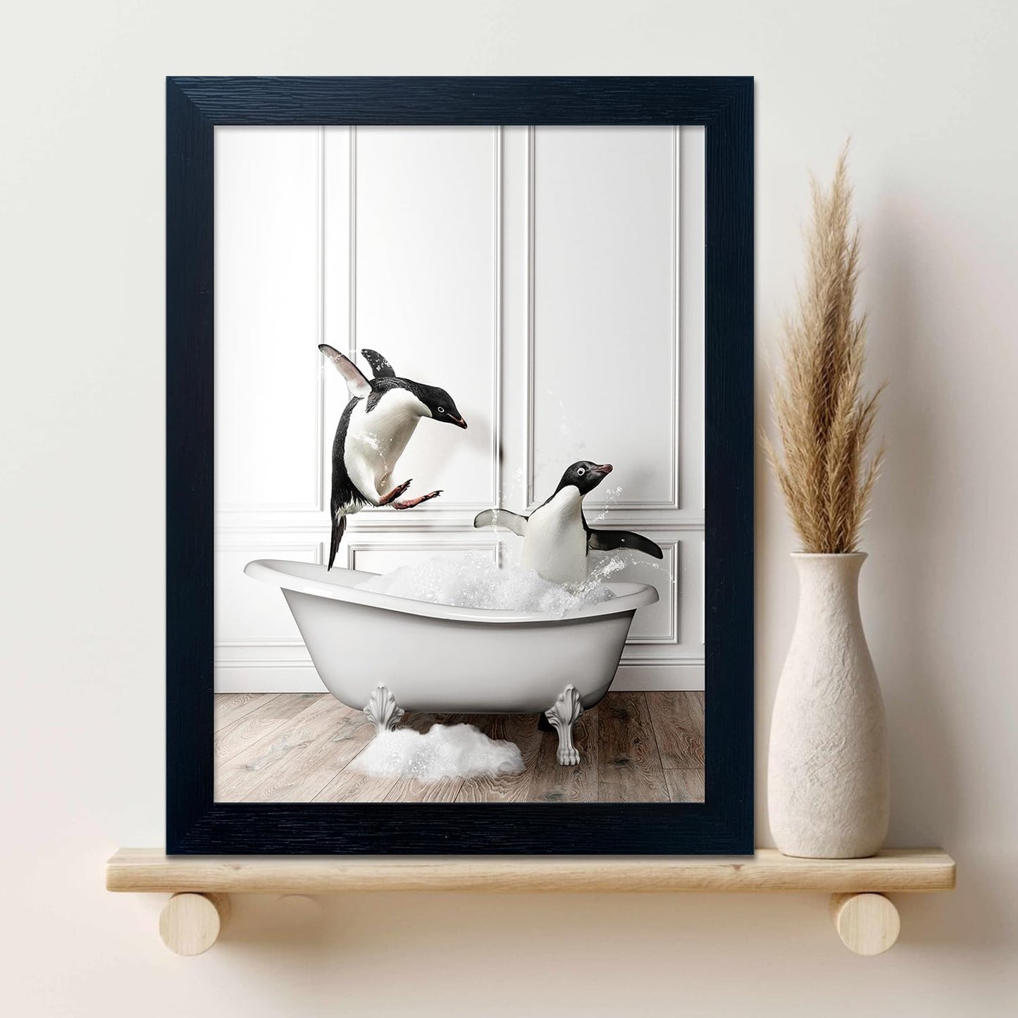 Bathroom Picture Wall Decor, Framed Black and White Bathroom Wall Art, Toilet Paper in Little Funny Raccoon's Hand Animal Canvas Print Painting