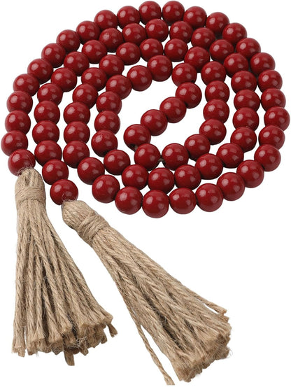 Wood Bead Garland 58 Inch Nature Wooden Beads for Boho Farmhouse Table Home Decor with Tassel, Wooden Prayer Bead, Rustic Country Boho Wall Hanging Decor for Kitchen Modern Living Room Tray Vase Shelf