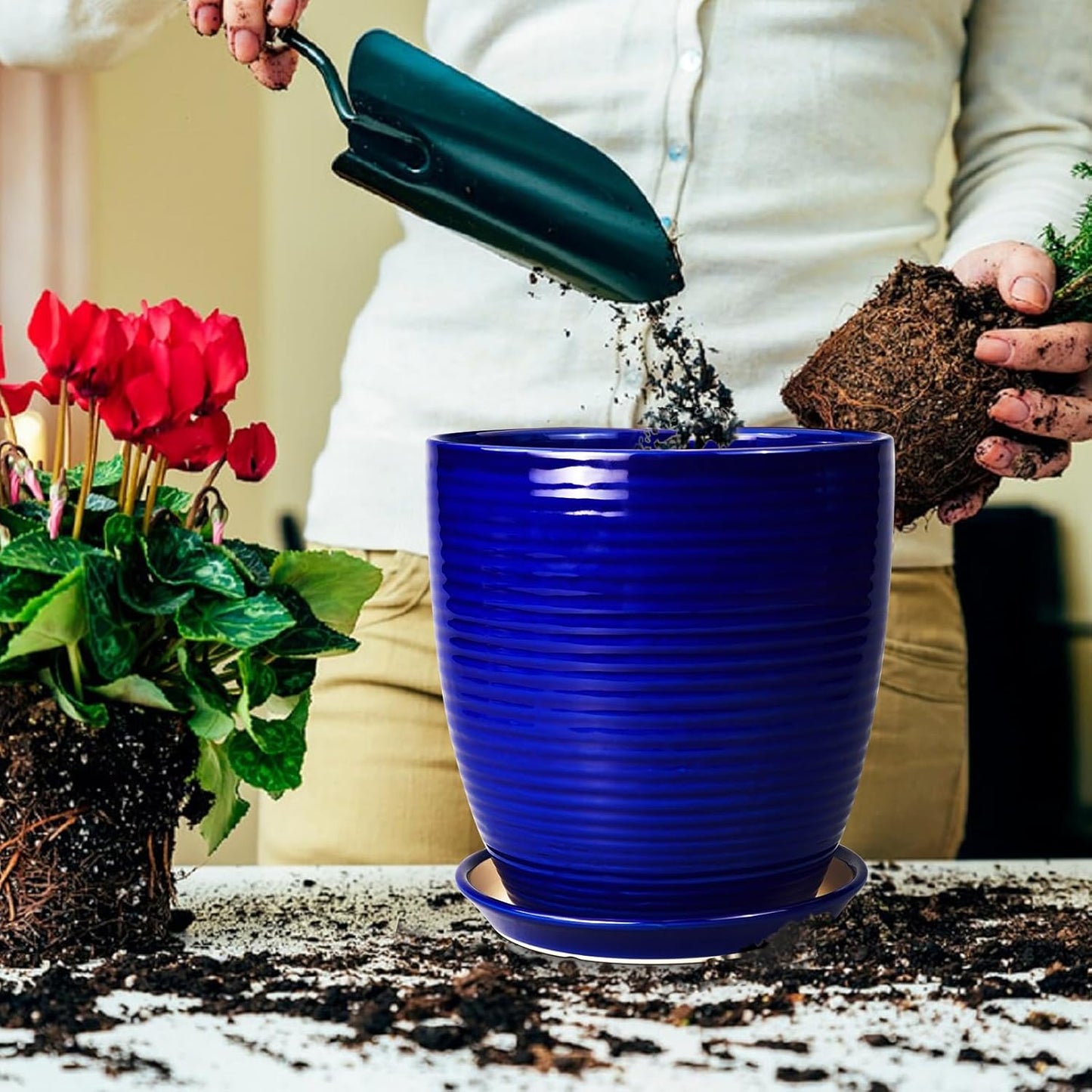 Ceramic Pots for Plants - 6 Inch Plant Pot with Drainage Hole and Saucer, Round Planters for Indoor Outdoor, Flower Pots, Modern Planter, Home Office Room Decor, Gifts for Plant Lovers, White