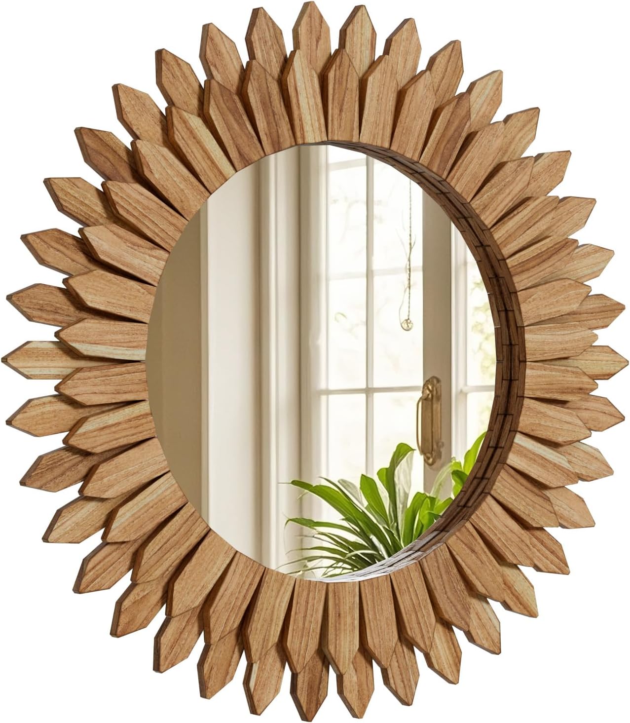 20 Inch Brown Boho Wall Decor Sunburst Mirror - Round Wooden Wall Decor, Handmade Rustic Circular Mirror for Living Room, Bedroom, Entryway, Office
