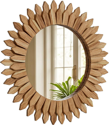 20 Inch Brown Boho Wall Decor Sunburst Mirror - Round Wooden Wall Decor, Handmade Rustic Circular Mirror for Living Room, Bedroom, Entryway, Office