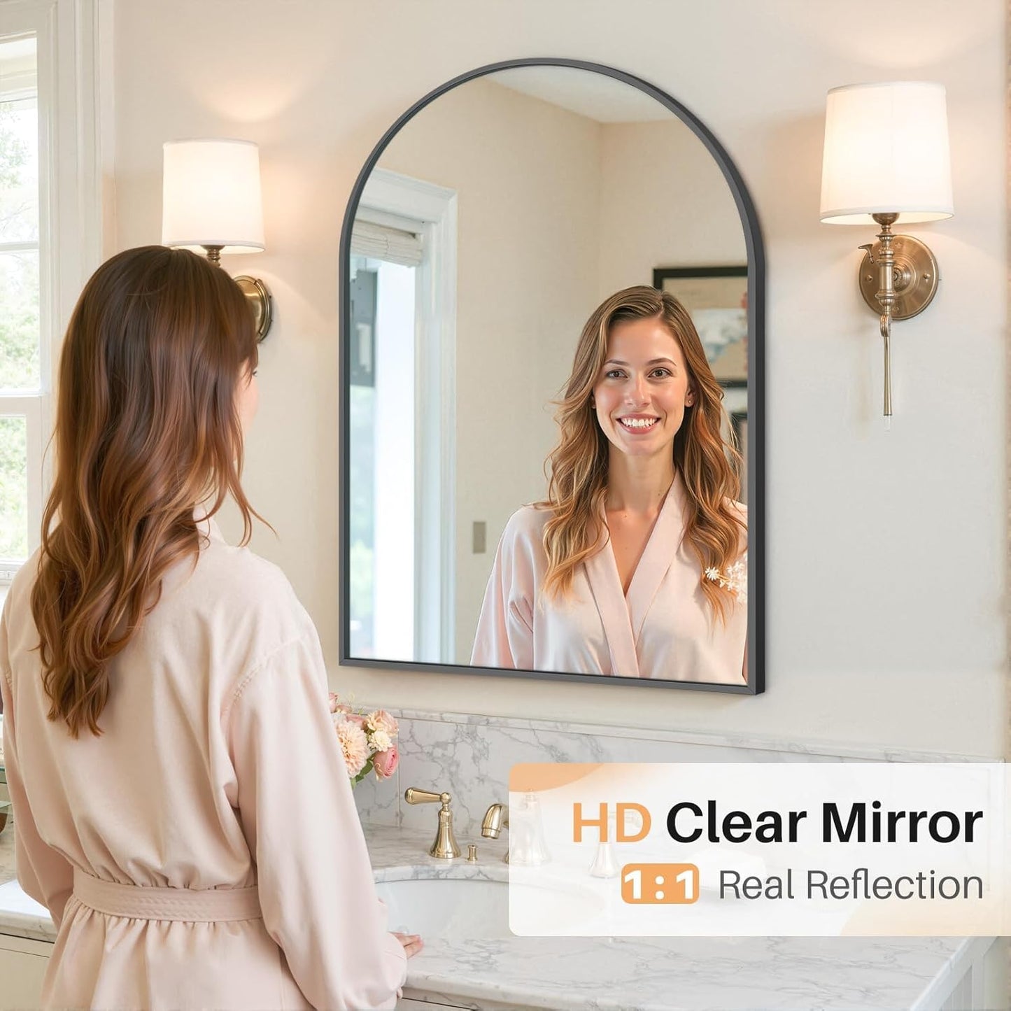 Bathroom Mirror for Wall, 24 Inch Round Mirror, Matte Black Metal Framed Circle Vanity Mirror for Bathroom Bedroom Living Room Entryway, Anti-Rust, Tempered Glass, Hanging or Leaning