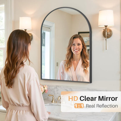 Bathroom Mirror for Wall, 24 Inch Round Mirror, Matte Black Metal Framed Circle Vanity Mirror for Bathroom Bedroom Living Room Entryway, Anti-Rust, Tempered Glass, Hanging or Leaning