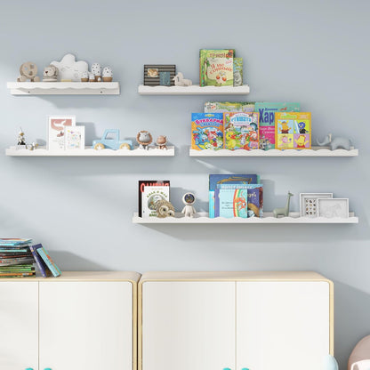 Fun Memories Picture Ledge Shelf for Wall, 24 inch Pine Wood Nursery Book Shelves Set of 2- Wall Book Shelves for Kids Room, Home Decor - Kitchen Spice-White
