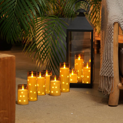 Homemory Flameless Candles with Embedded Star String Fairy Lights, Battery Operated Candles, LED Candle, Fake Candles with Remote Control and Timer for Halloween, Gray Acrylic, Set of 5(H4"5"6"8"8")
