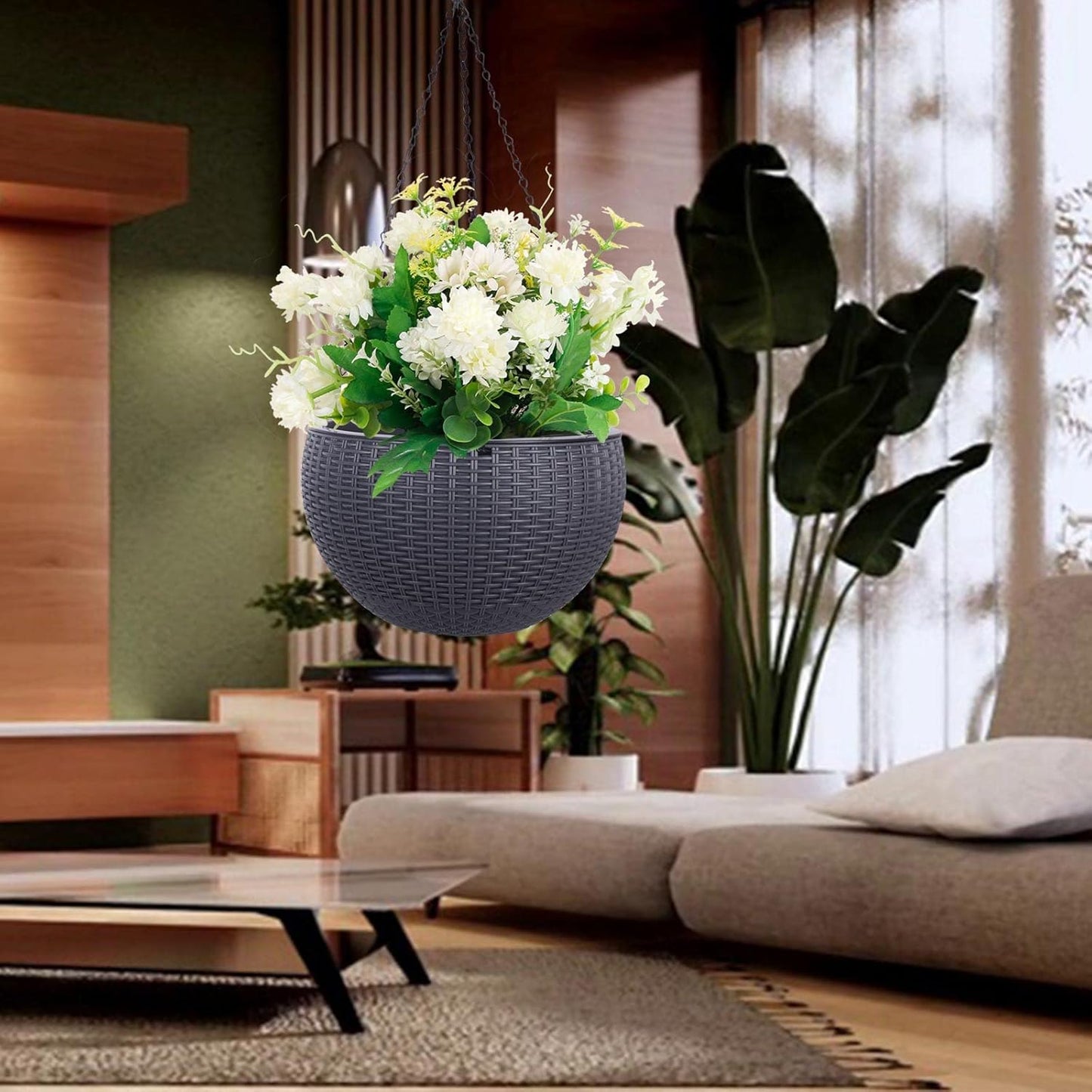 Vencer 11 Inch Round Resin Rattan Hanging Planters,Self Watering Hanging Basket for Indoor Outdoor Plants,Hanging Flower Pots with Drain Hole and Metal Chain,Water Indicator,Coffee,VF-A15-C