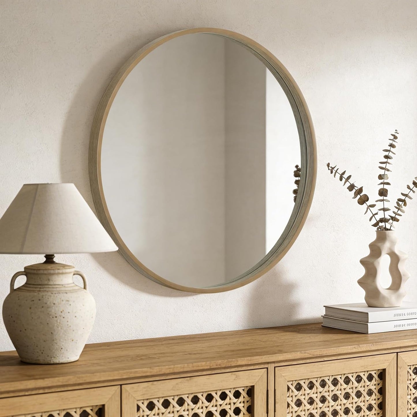 WallBeyond Wood Round Mirror with Wood Frame 24 inch Circle Wall Mirror for Bathroom Round Wall Mirror for Wall Decor, Vanity, Entryway Living Room (Walnut)