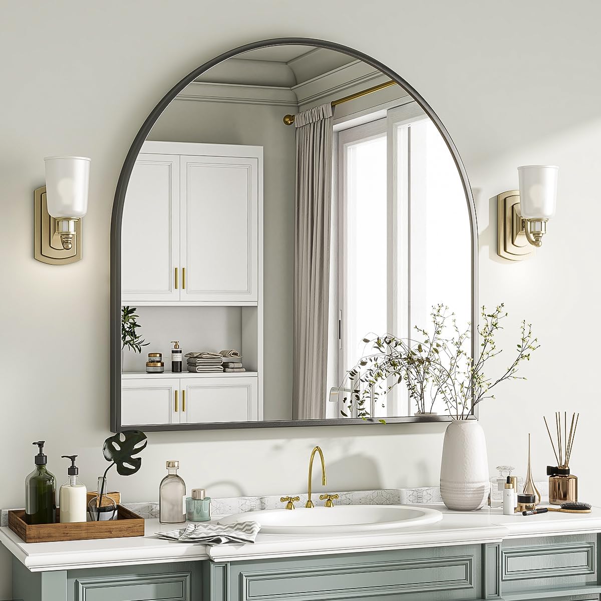 VooBang Arched Wall Mirror, 24 x 36 inch Arch Bathroom Mirror, Wall Mounted Vanity Mirror with Arch Metal Frame, Modern Bathroom Vanity Mirror for Bedroom, Living Room, Hanging or Leaning, Black
