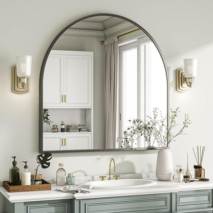 VooBang Arched Wall Mirror, 24 x 36 inch Arch Bathroom Mirror, Wall Mounted Vanity Mirror with Arch Metal Frame, Modern Bathroom Vanity Mirror for Bedroom, Living Room, Hanging or Leaning, Black