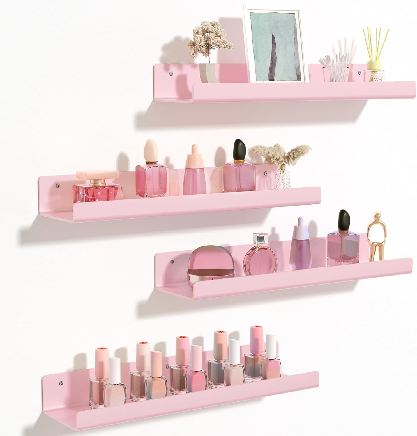 upsimples Acrylic Shelves for Bathroom Storage, 15" Floating Shelves Wall Organizer for Perfume, Make up, Skincare, Kids Bookshelf for Bedroom, Nursery, Living Room Decor, Clear, 4 Pack