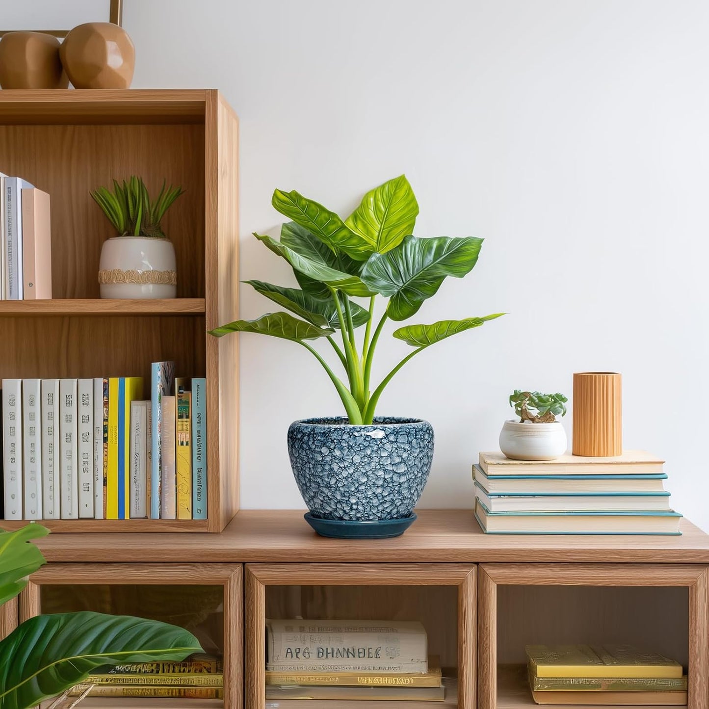 6 Inch Plant Pot - Ceramic Pots for Plants with Drainage Hole and Saucer, Round Succulent Planter Indoor Outdoor, Modern Flower Pot for Snake Plants, Home Decor, Gifts for Plant Lover, Blue