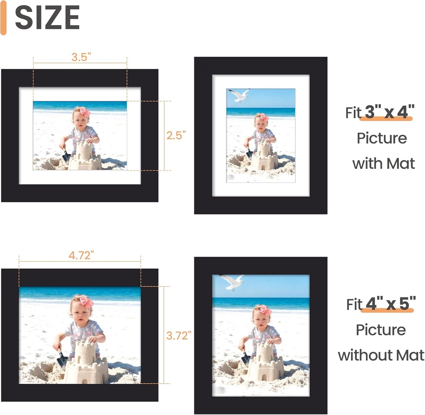 upsimples 8x10 Picture Frame, Display Pictures 5x7 with Mat or 8x10 Without Mat, Wall Hanging Photo Frame, Black, 1 Pack - Colors B