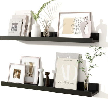 Fun Memories Picture Ledge Shelves Set of 2, 32 Inch Rustic Wall Mounted Floating Shelves with Lip for Home Storage and Décor in Bathroom, Kitchen, Nursery, Bedroom, Living Room, Walnut