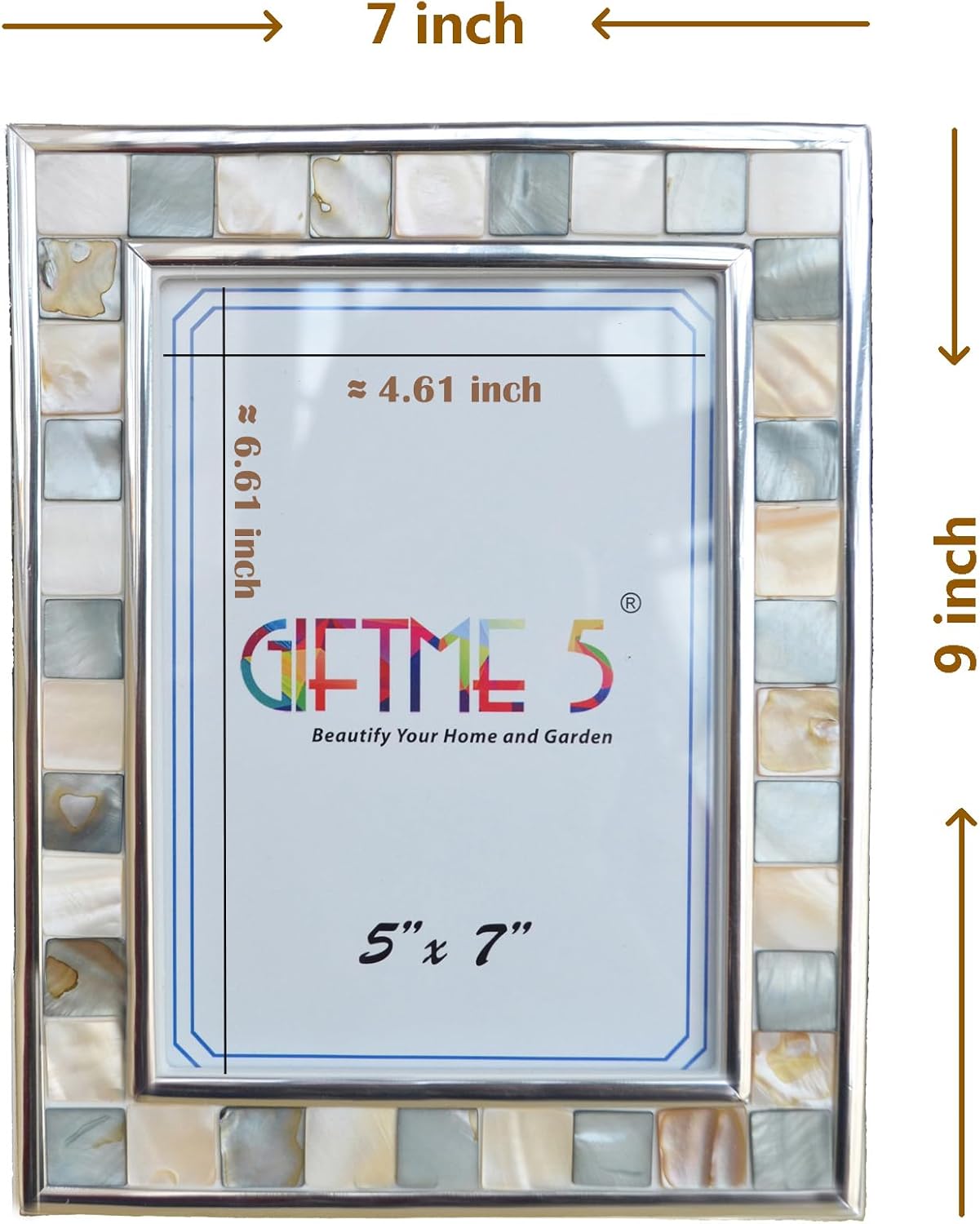 Silver Plate Picture Frame 5x7 Mother of Pearl 5 by 7 Photo Frame Mosaic Glass Tabletop Frame (Grey+ White,1pc)