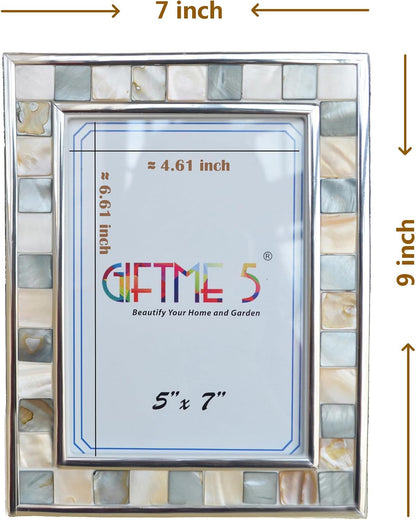 Silver Plate Picture Frame 5x7 Mother of Pearl 5 by 7 Photo Frame Mosaic Glass Tabletop Frame (Grey+ White,1pc)
