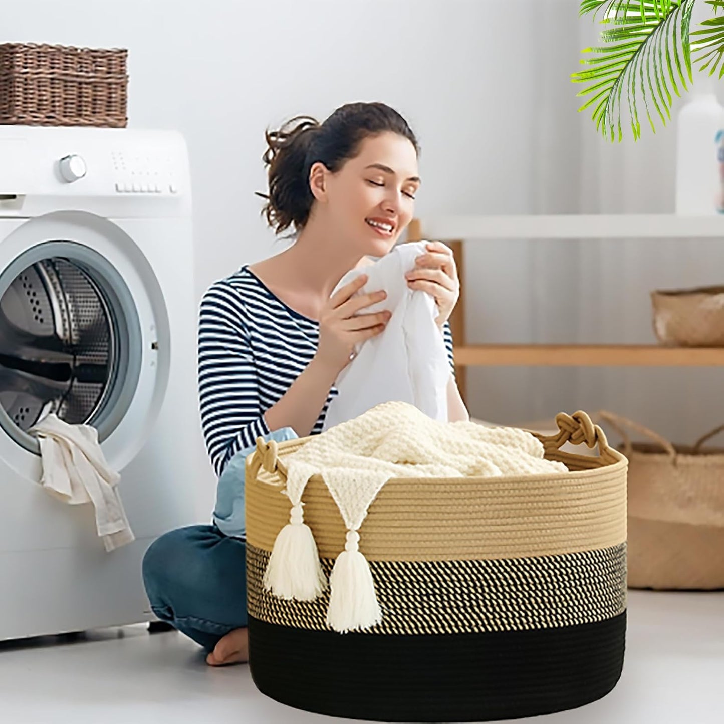 KAKAMAY Large Blanket Basket (20"x13"),Woven Baskets for storage Baby Laundry Hamper, Cotton Rope Blanket Basket for Living Room, Laundry, Nursery, Pillows, Baby Toy chest (White/Brown)