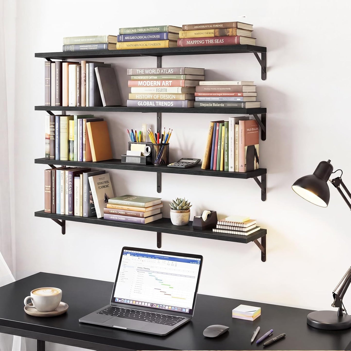 YGEOMER Floating Shelves for Wall, Different Sizes Dark Carbonized Brown Wall Shelves for Living Room, Bathroom, Bedroom, Kitchen, Home Decor (Set of 4)