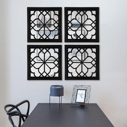 ZEXUIRU 4 Set. Rustic Wall Mirrors for Bedroom Bathroom Living Room Entryway Wood Farmhouse Square Easy to Hang Framed Decorative Accent Hanging Wall-Mounted Mirror Set for Living Room - Black