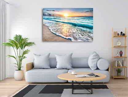 Baisuart S02250 Canvas Prints Wall Art Beach Sunset Ocean Waves Nature Pictures Stretched Canvas Wooden Framed for living Room Bedroom and Office
