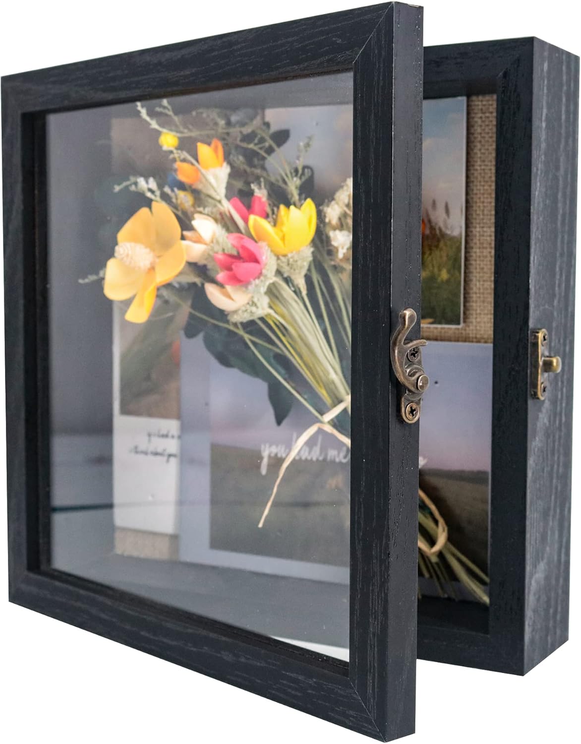 GraduationMall 13x16 Wood Shadow Box Frame Glass Door Display Case with Linen Back and 6 Stick Pins,1.5 inches Interior Depth,Ideal for Memorabilia Pictures Flowers Medals Tickets Rustic White