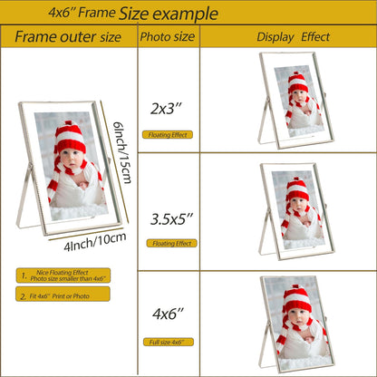 Gold 6x8'' Floating Photo Frame 2 Pack, Beaded Metal Frame Fits 3.5x5'', 4x6'' & 5x7'' Pictures, Adjustable Tabletop & Shelf Display, Elegant Wedding Gift for Home Decor