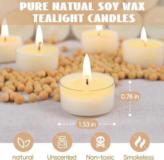 Soy Tealight Candles 50 Pack, 6 Hours Long Burning Tealights Candles Bulk, Natural Soy Wax Tea Light Candle Paraffin-Free, Unscented Small Tea Candle for Emergency,Dinner