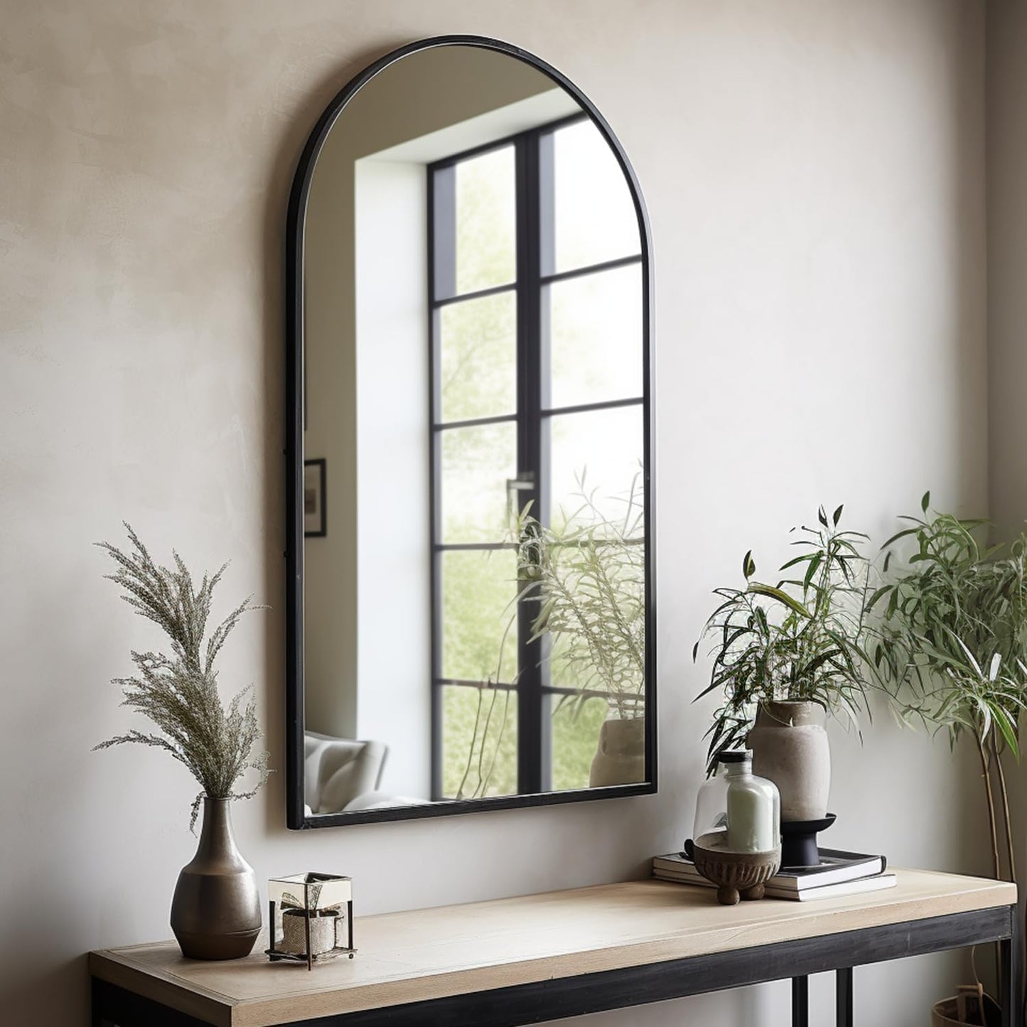 Dewfig 65"x 22" Arched Window pane Full Length Mirror, Wall Mirror, Floor Standing Mirrors, Farmhouse Long Full Body Mirrors Wall Mounted for Living Room, Bedroom, Entryway, Fireplace, Black