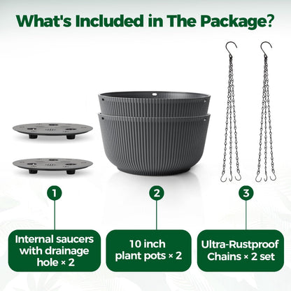 T4U 10 Inch Hanging Planters for Indoor Plants, 2 Pack White Self Watering Hanging Plant Pot, Hanging Pots Set with Drainage Hole & Plug & Chain with 3 Hooks for Garden Home Decor