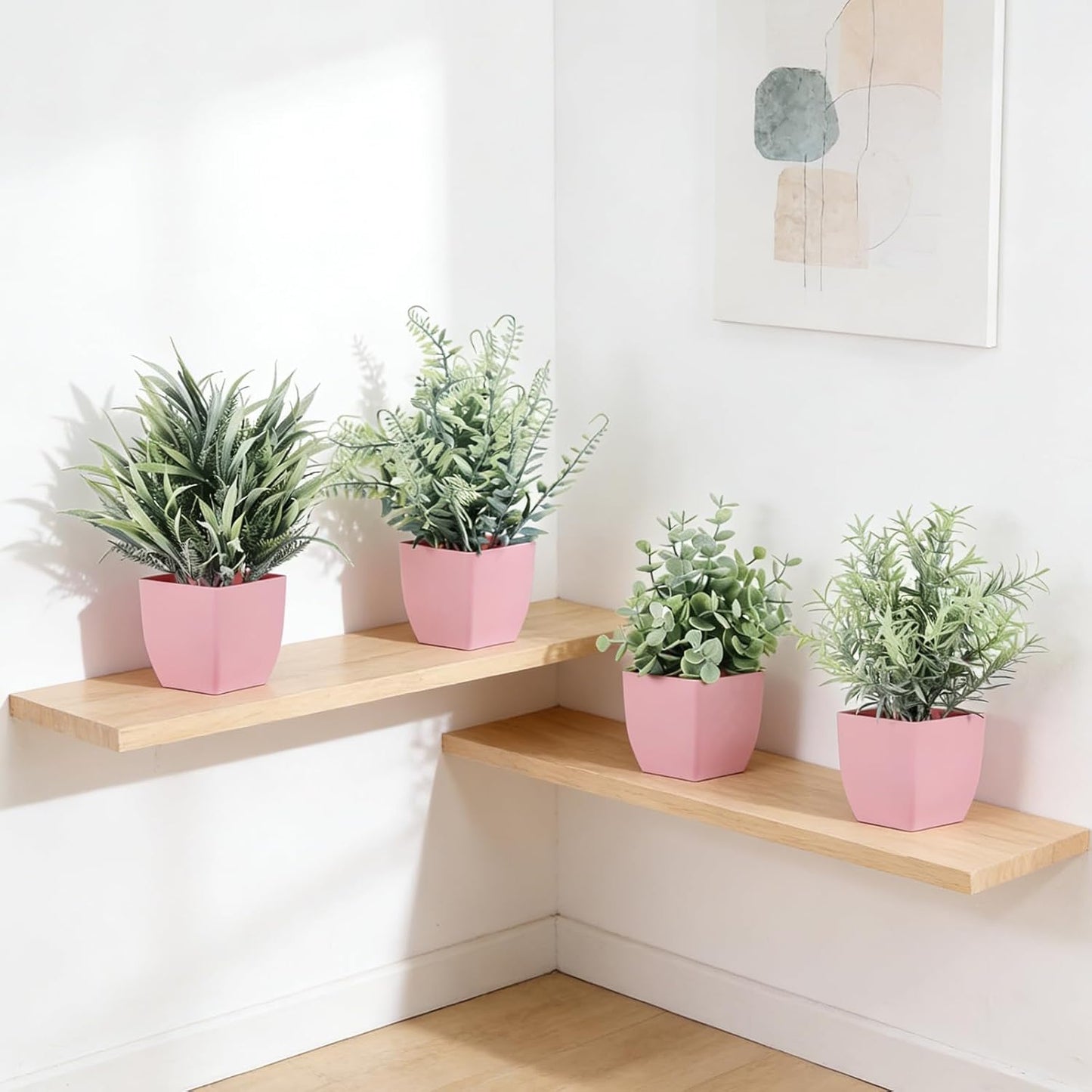 4pcs Fake Small Plants, Artificial Greenery Potted Plant for Home Office Decor, Small Faux Gray Grass Eucalyptus for Bathroom Plants Decoration, Mini Plant Potted Table Shelf Decoration