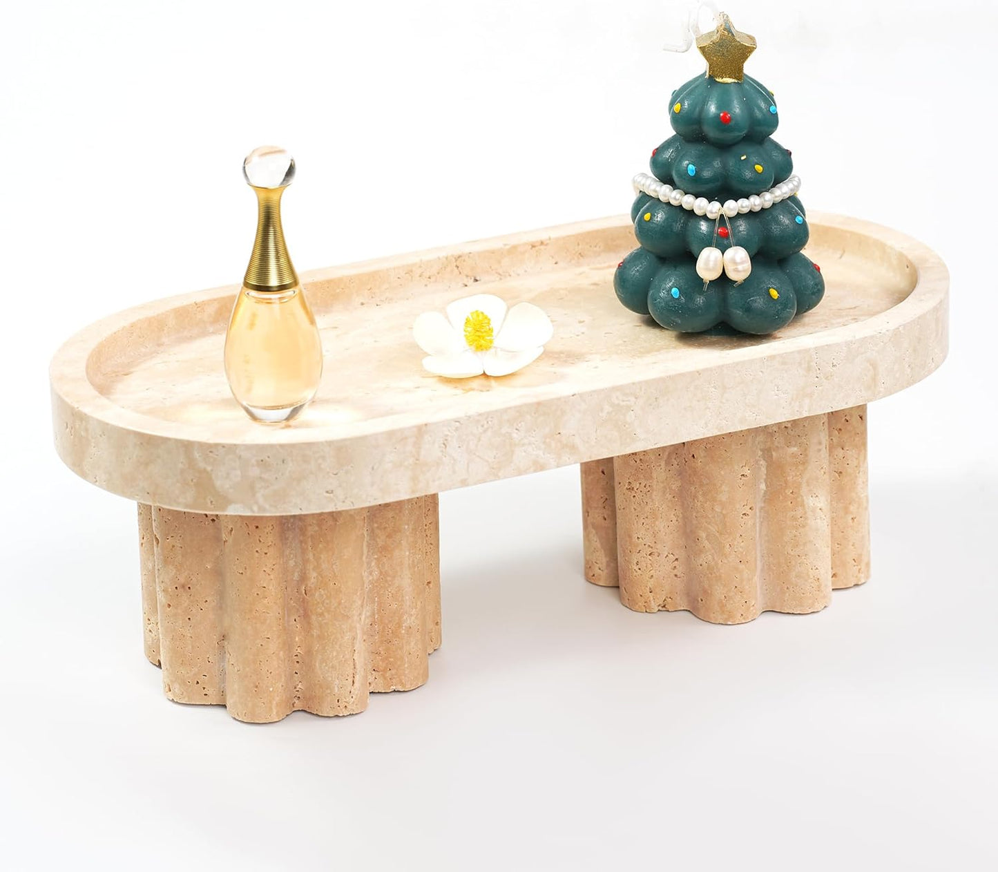 Marble Perfume Tray with Legs - Oval Decorative Stone Pedestal for Bathroom Vanity Coffee Table Kitchen Countertop, Footed Jewelry Candle Organizers Catchall Plate Riser with Scalloped Feet