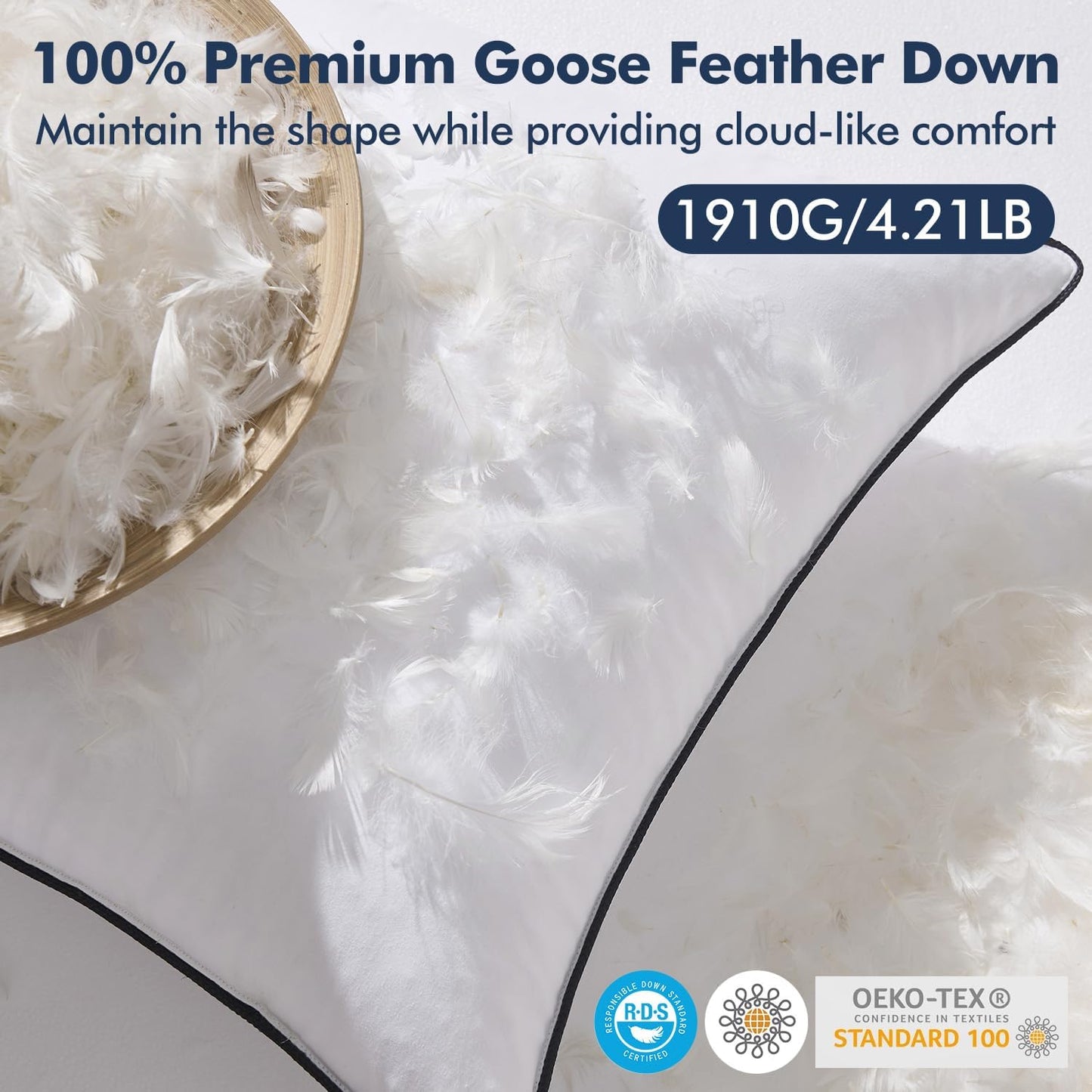 MIULEE Goose Feather Down 20x20 Pillow Insert Set of 2 with 100% Down-Proof Cotton Cover, Soft Fluffy Decorative Pillow for Sofa Bed Couch Living Room White