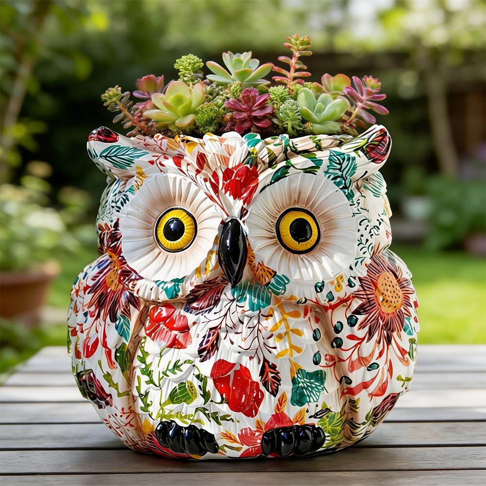 Owl Planter, Owl Succulent Pots, Funny Plant Pots Indoor/Outdoor, Decorative Garden Flower Pot, Cute Small Planters for office Home Decor, Unique Statue Figurine Gifts for Women Mother Teacher Red