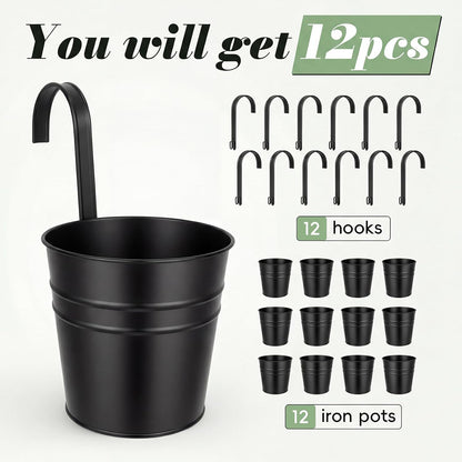 HowRU Metal Iron Flower Pots for Railing Fence Hanging Bucket Pots(5 Pcs) and Hanging Flower Pots Metal Iron Bucket Planter(10 Pcs) (Black)