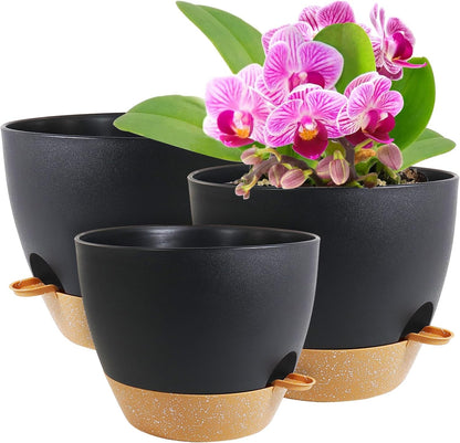 WSMKSZ 10/9/8 inch Self Watering Pots, Planter, Plant Pots with Mesh Drainage Holes for Indoor Outdoor Garden Plants, Plastic Flower Pots with Deep Reservoir for House Plants, Green with Brown