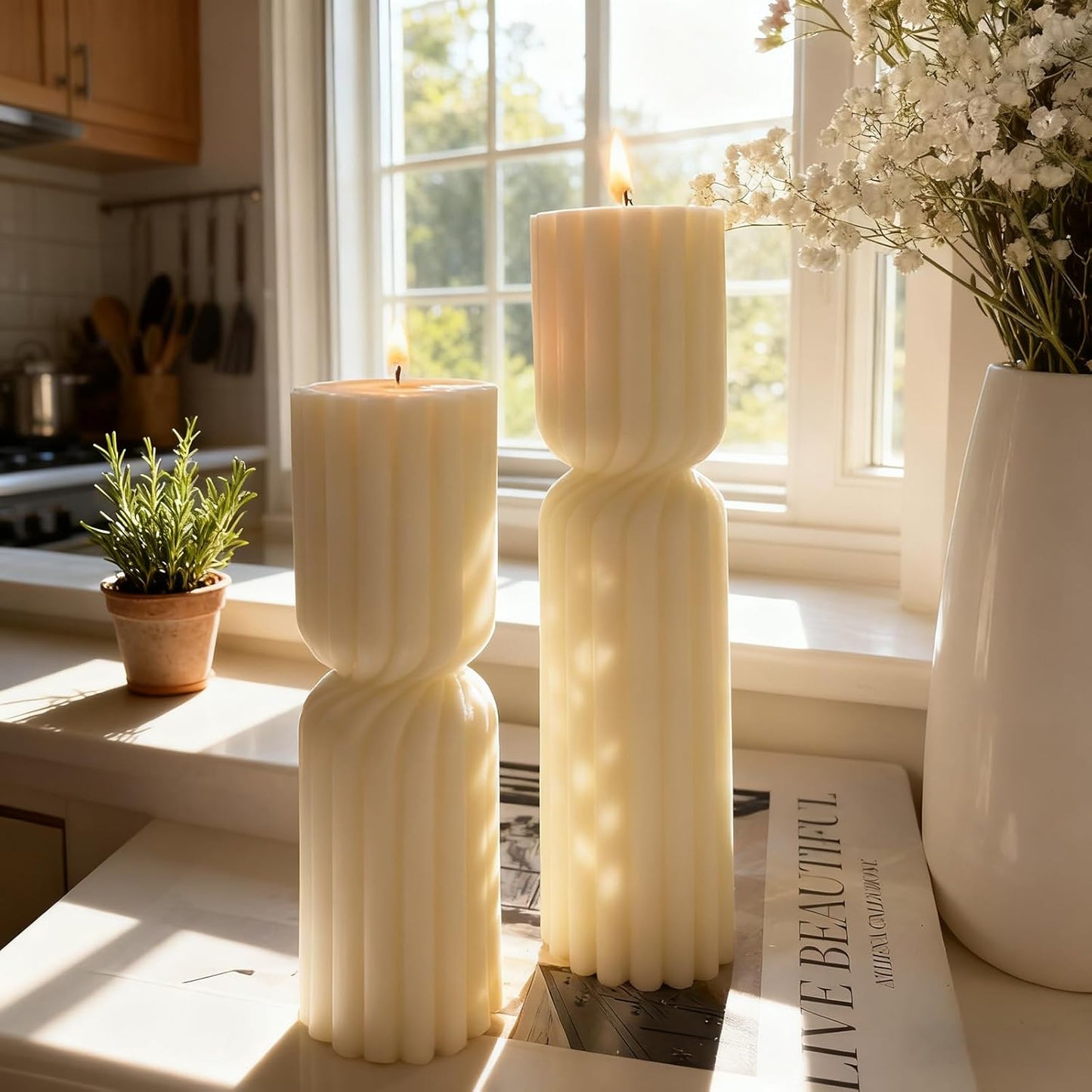 2PCS Hourglass Pillar Candles Set,Soy Wax Orchids Scented Pillar Candles,Cylindrical Tall Pillar Candle,Elegant Bubble Aesthetic Candle Housewarming Gift Home Room Shelf Decor Idea(White)