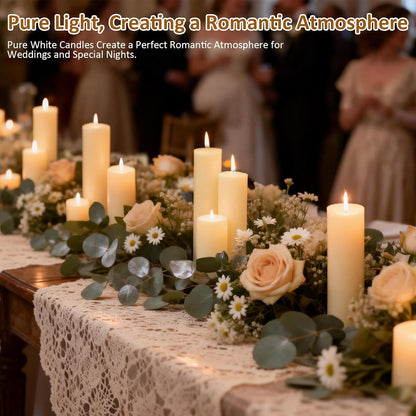 12-Pack Ivory Unscented Pillar Candle Set - 2x3, 2x6, 2x8-inch Long-Burning Drip-Free Tapers, 4 Per Size. Ideal for Home Decor, Weddings, Emergencies, and Holidays.