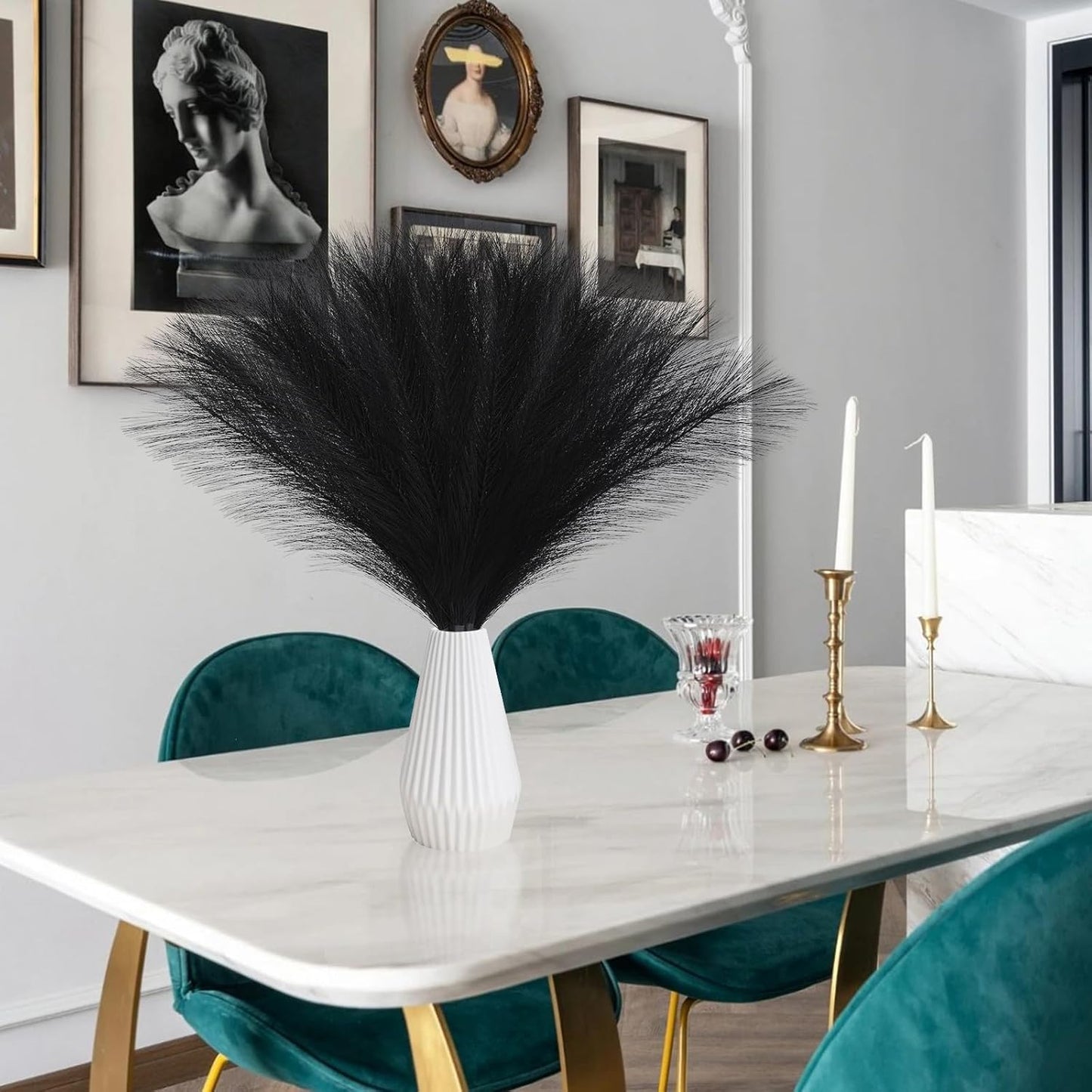 UREYMX Faux Pampas Grass Decor 17.7 Inch 6pcs, Artificial Pampas Grass Fluffy Home Decor, Short Vase Room Decor pompous Grass Flower Arrangement for Boho Home Wedding Decoration (Black)