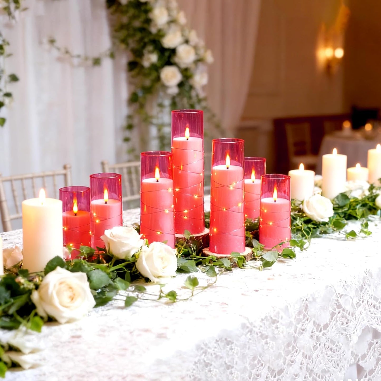 Nimiko Flickering Flameless LED Candles, 9 Pcs with Embedded Star String, Acrylic LED Pillar Candles with Remote, Suitable for Home Decoration (White)