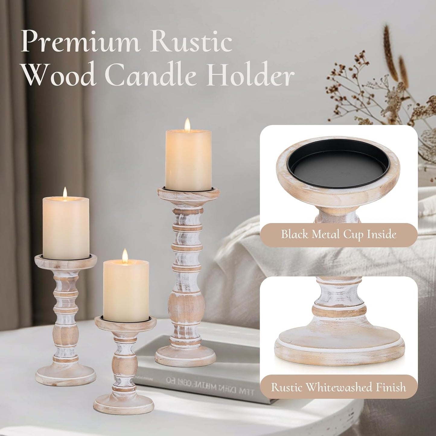 Wood Pillar Candle Holder: 3Pcs Rustic White Candle Holders for Pillar Candles Wood Candle Holders Distressed Wooden Farmhouse Candle Holder Large Rustic Candle Holder for Fireplace Table