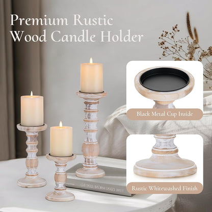 Wood Pillar Candle Holder: 3Pcs Rustic White Candle Holders for Pillar Candles Wood Candle Holders Distressed Wooden Farmhouse Candle Holder Large Rustic Candle Holder for Fireplace Table