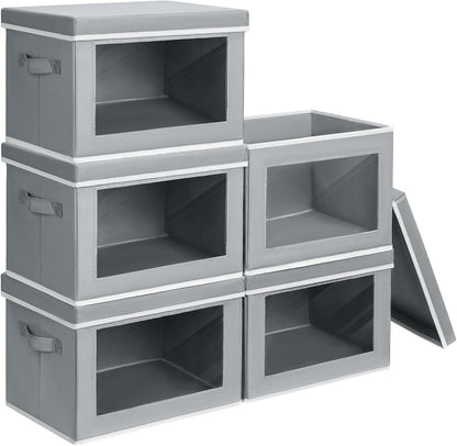 Homsorout Storage Bins with Lids - Fabric Closet Storage Bins with Window, Collapsible Baskets for Shelves 4 Pack, Home Decorative Boxes for Clothes, Closet, Office, Grey