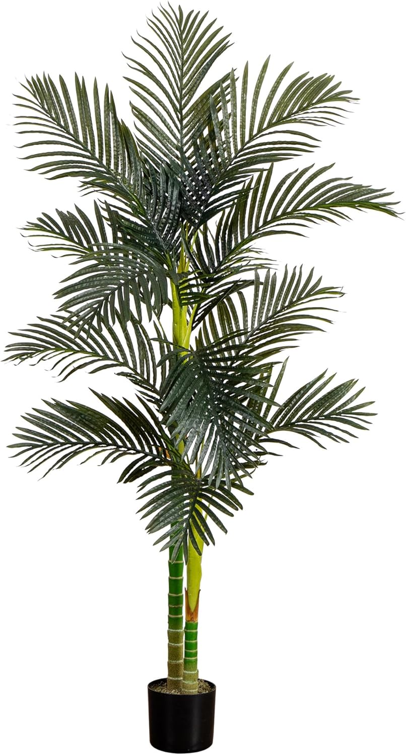 Nearly Natural 6.5ft Artificial Golden Cane Palm Tree, Lifelike Silk Indoor Palm With Three Textured Trunks Flexible Fronds Nursery Planter, Low Maintenance