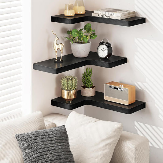 Fixwal Corner Floating Shelves for Wall Mounted Natural Solid Wood 16"x11.4" Farmhouse Home Decor Display Shelving Set of 3 (Rustic Brown)